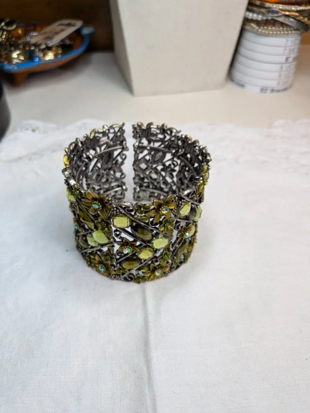 Vintage Enameled Green Rhinestone Floral Cuff Bracelet